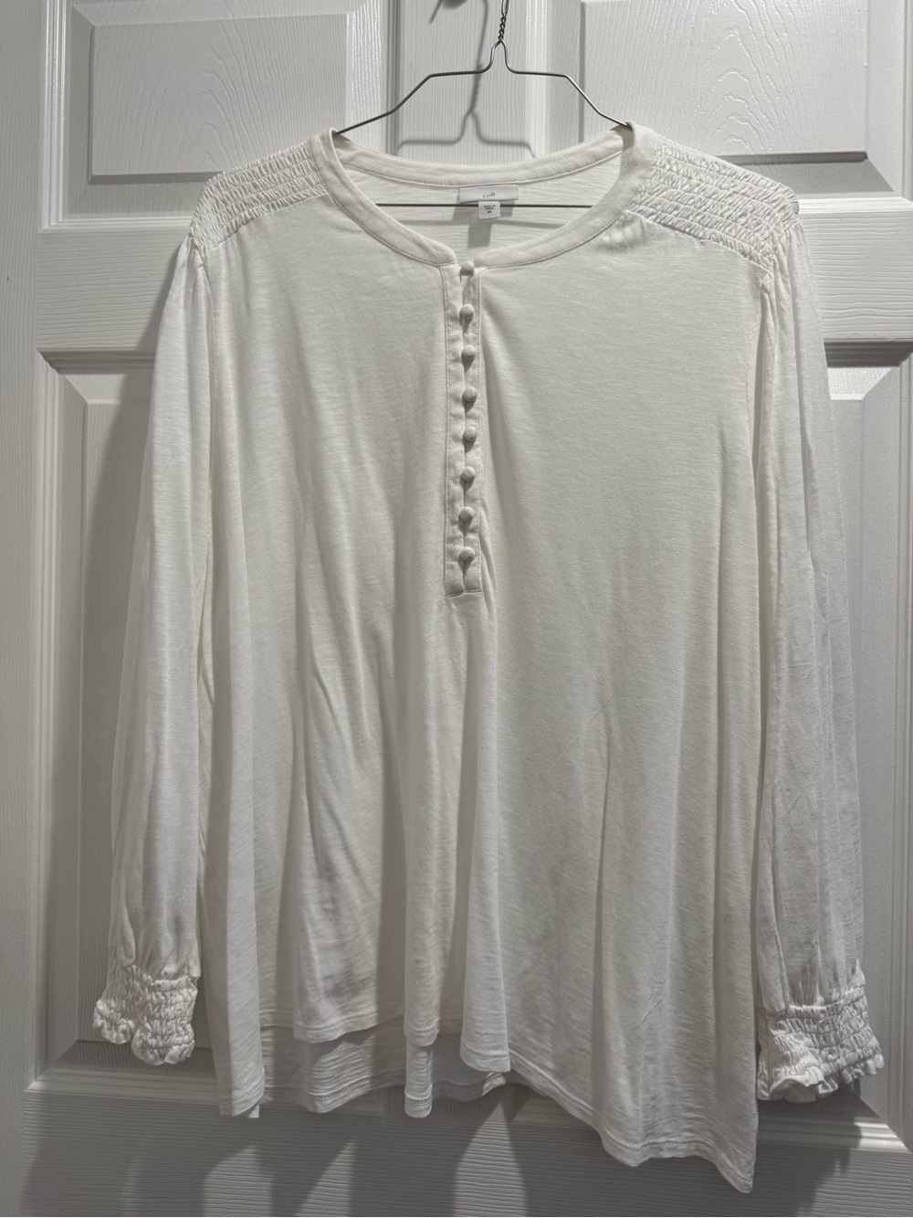 J. Jill Cream Long-Sleeve Henley with Smocked Shoulders